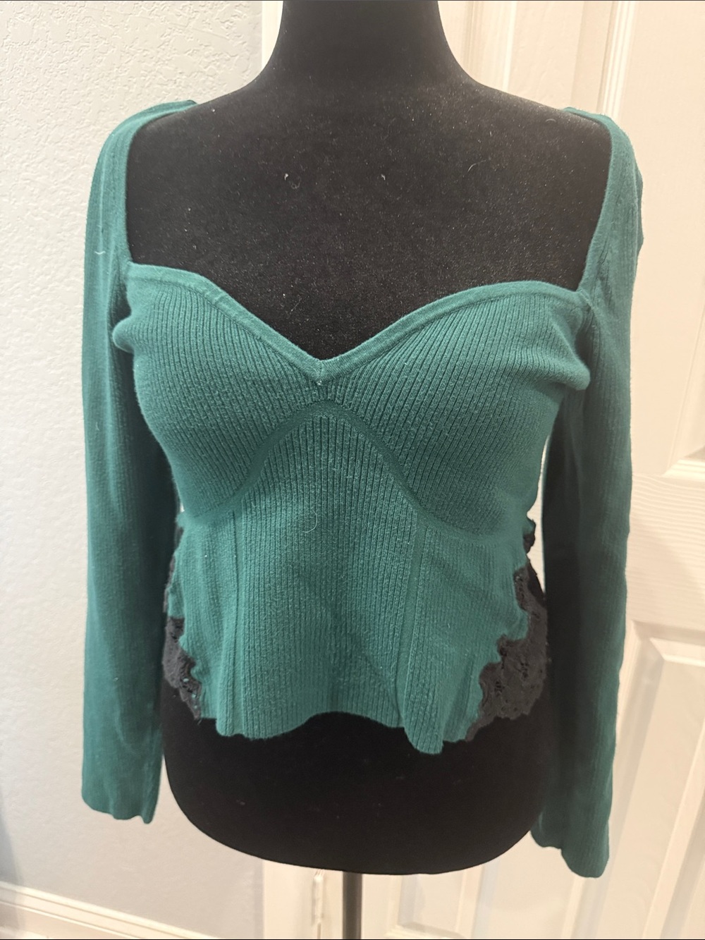 Express Teal Long-Sleeve Sweetheart Knit Top with Lace Sides